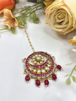Statement Pink Kundan Maang Tikka with Red Beads | Indian Bridal Jewelry
