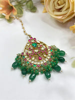 Gold-Plated Kundan Maang Tikka with Pink, Green & Emerald Beads – Statement Bridal Headpiece