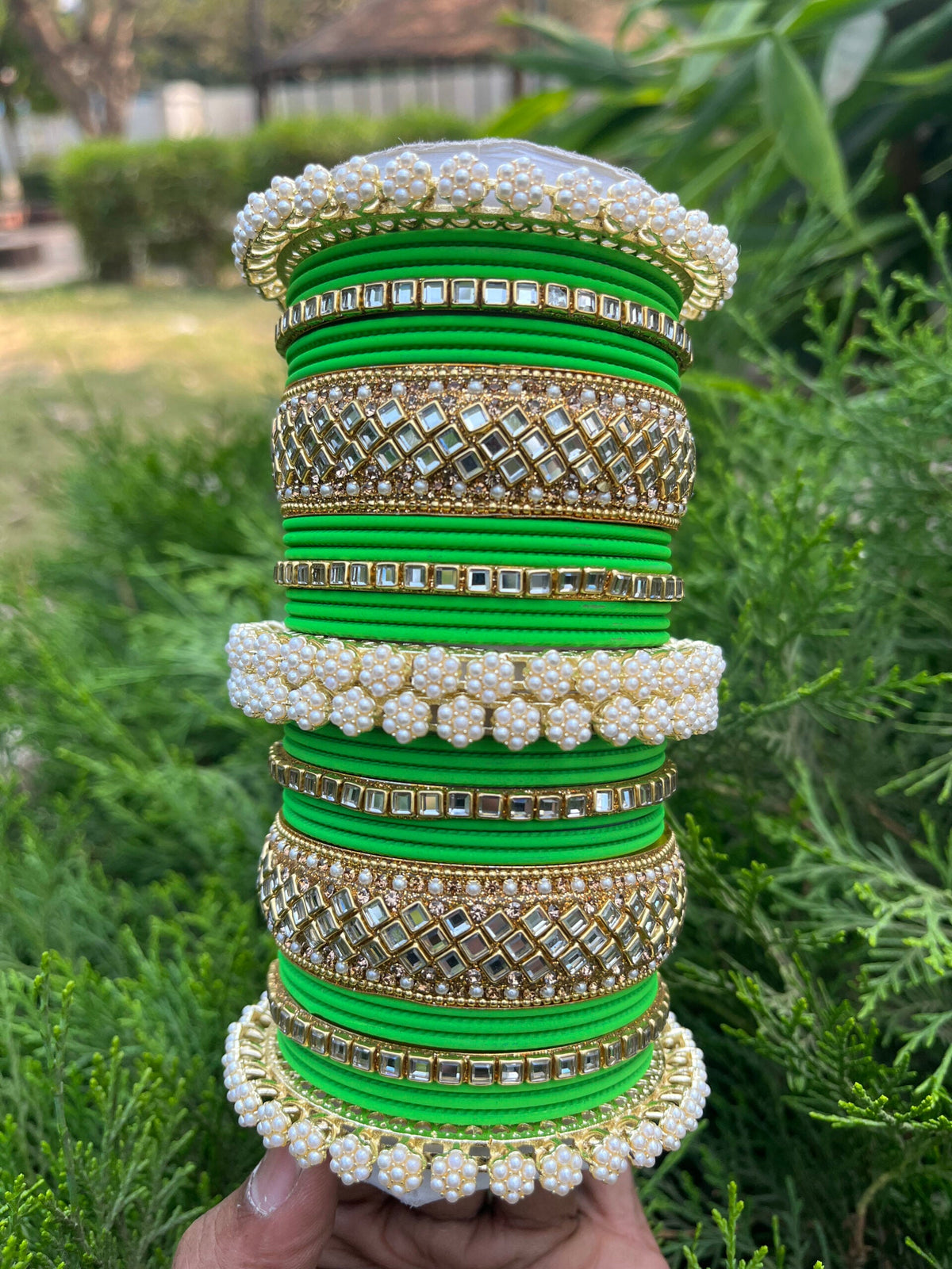 Bollywood Inspired Pearl Bangles Set Gold Accents Bridal Jewelry