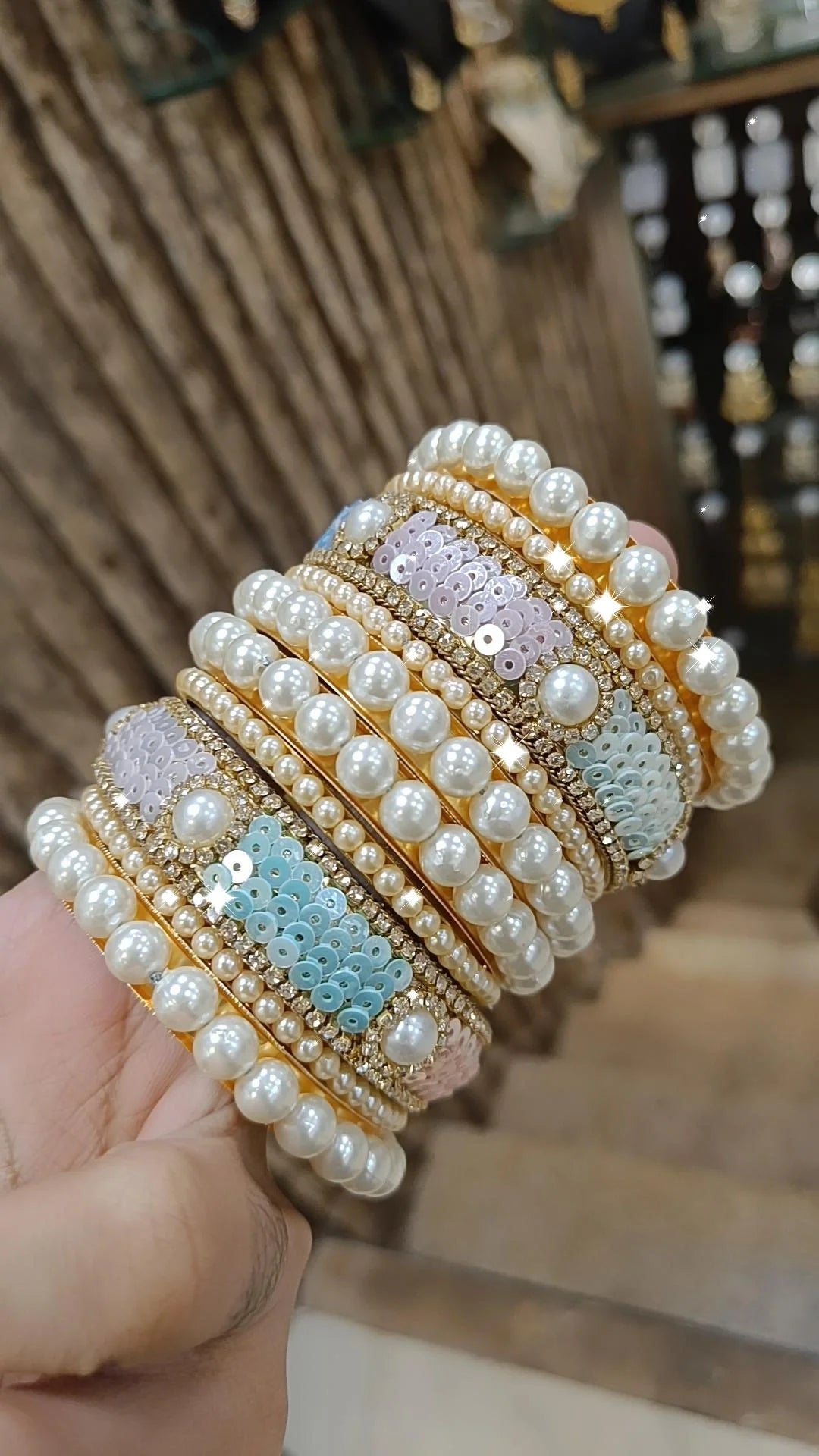 Pakistani Pearl Bridal Bangles with Crystal Detailing Dangling Charms