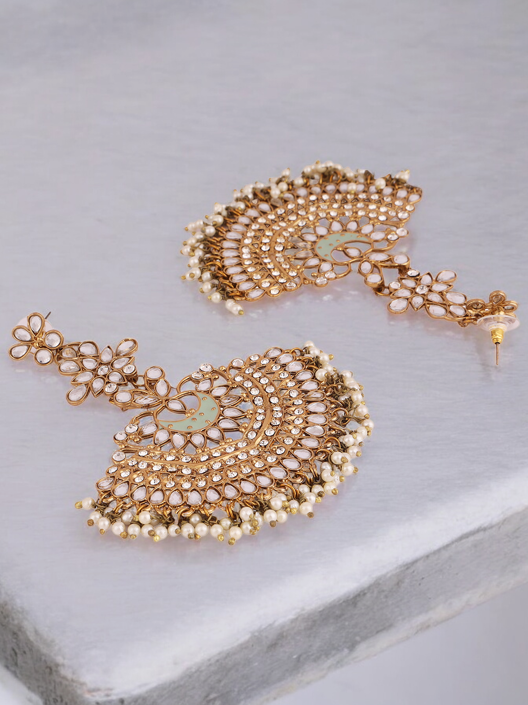 Gold Plated Partywear Meenakari Kundan studded Pastel Colour Earring Set