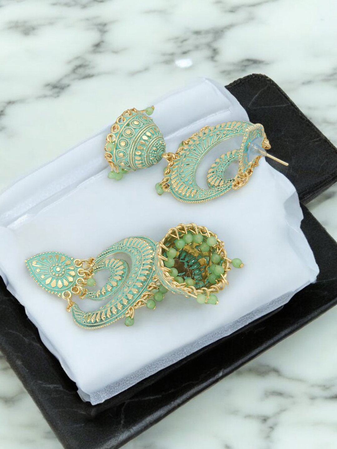 Mint Statement Chandbali Pearl Earrings Set, bridal earrings,Bollywood Kundan Earrings, chandelier Pearl Kundan