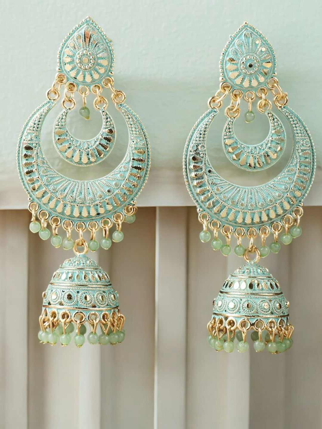 Mint Statement Chandbali Pearl Earrings Set, bridal earrings,Bollywood Kundan Earrings, chandelier Pearl Kundan