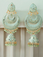 Mint Statement Chandbali Pearl Earrings Set, bridal earrings,Bollywood Kundan Earrings, chandelier Pearl Kundan