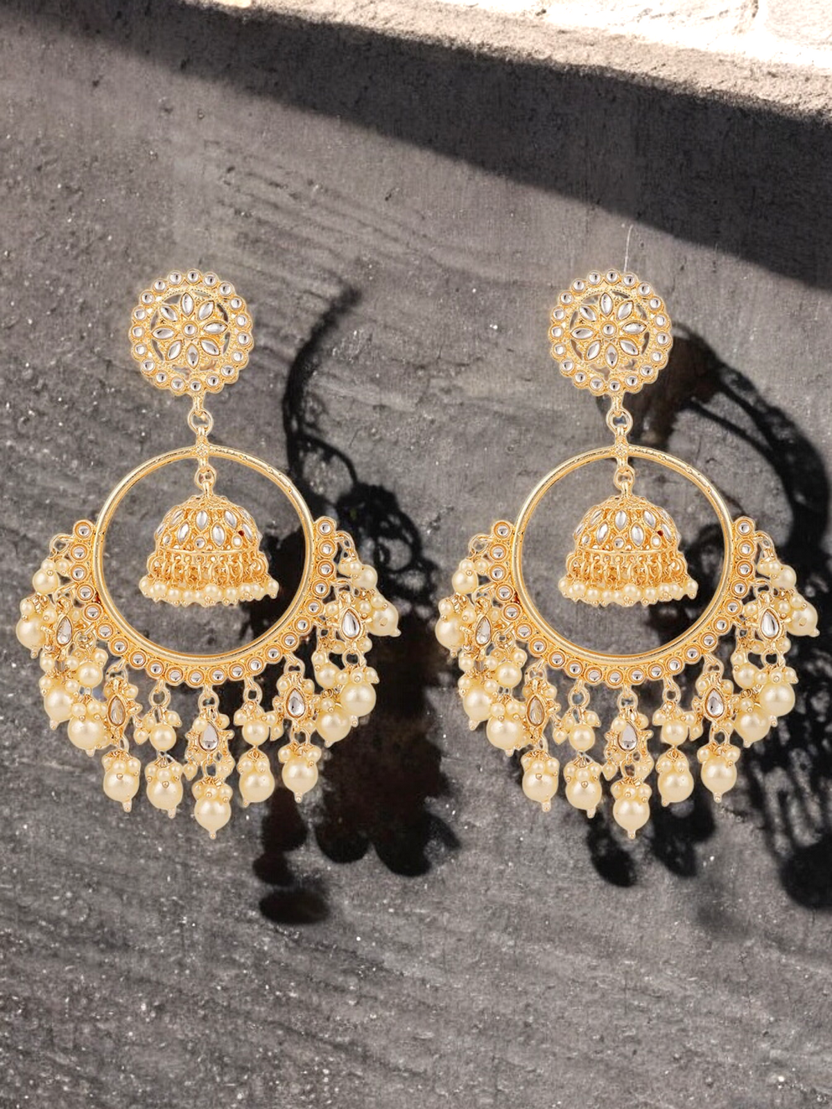 Indian Gold Hoop Pearl Kundan Earrings Set, Statement Earrings, Bollywood Earrings, Indian Earrings Jewelry, Bridal Pearl Kundan