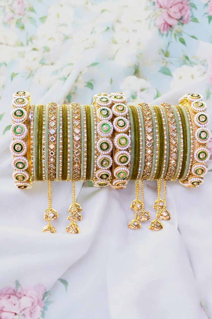 Indian Mint Velvet Pearl Bangle Chura Set, Fashion Bracelet, Chura Set, Indian Chura Set, Bridal Kada Set