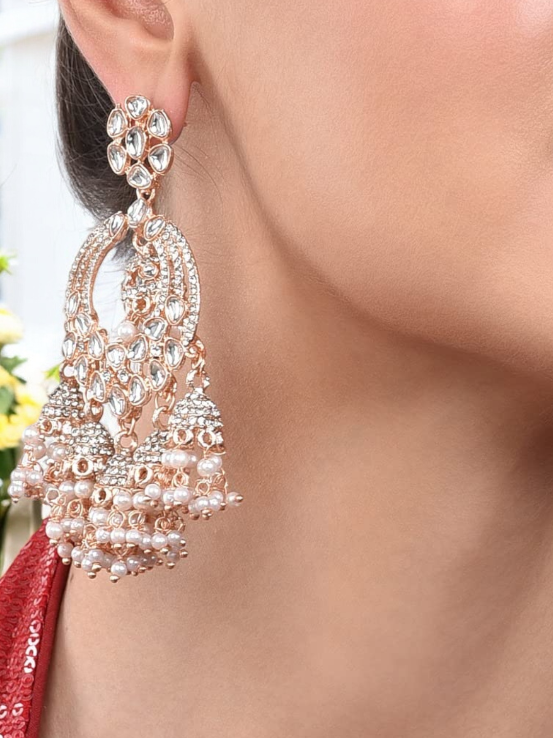 Rose Gold Indian Pearl Chandbali Earring Jewelry, Pearl Chandbali, Pearl Earrings, Kundan Jhumkas, Bridal Earrings, Wedding Jewelry