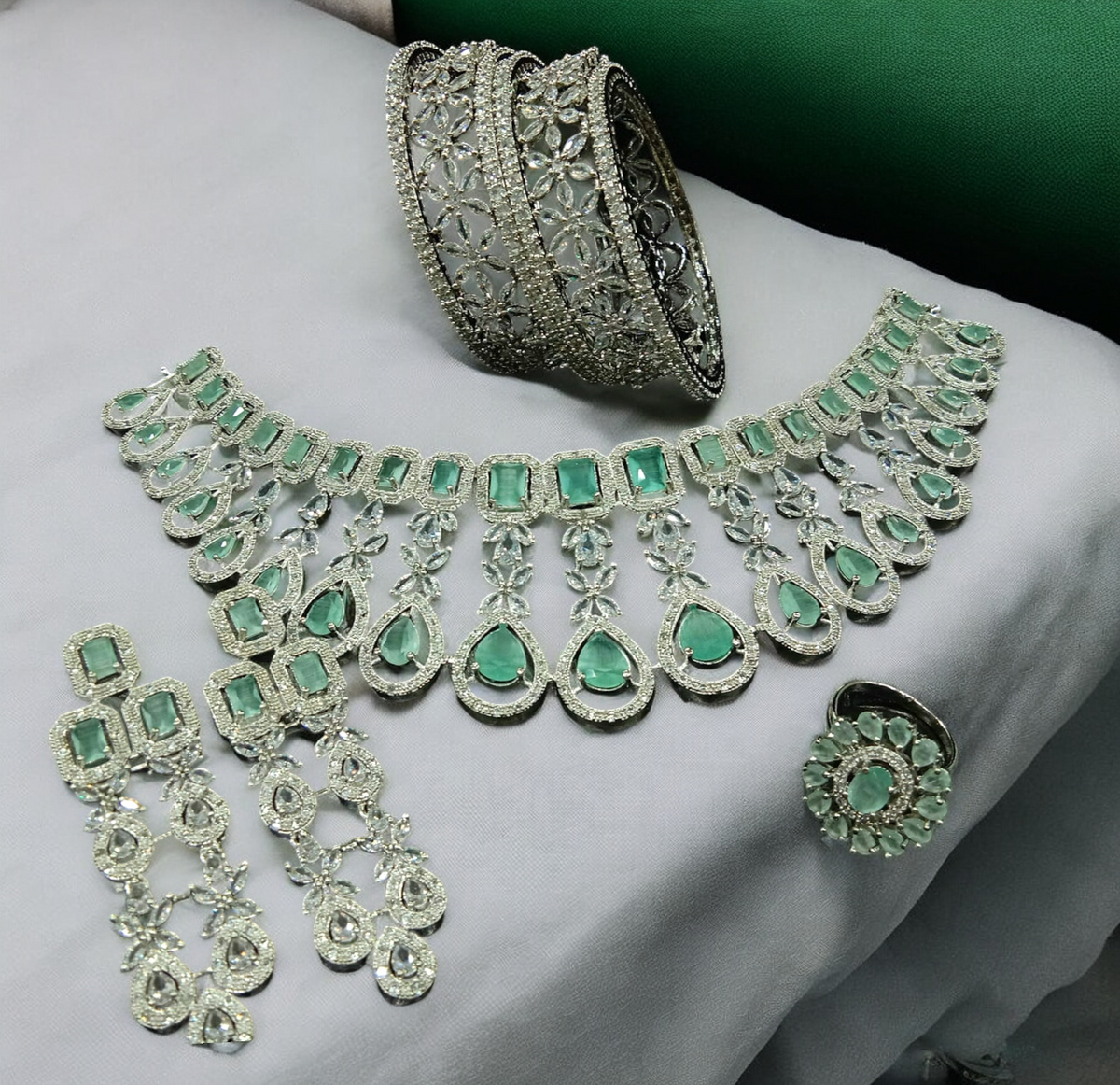 American Diamond CZ Jewelry Indian Necklace Earrings Ring Bangle Set, Cz Earrings, CZ necklace, AD Ring, AD Bangle, Bridal Jewelry