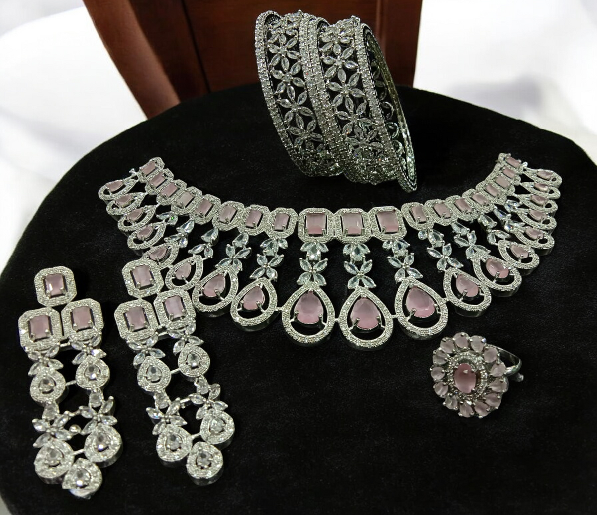 American Diamond CZ Jewelry Indian Necklace Earrings Ring Bangle Set, Cz Earrings, CZ necklace, AD Ring, AD Bangle, Bridal Jewelry
