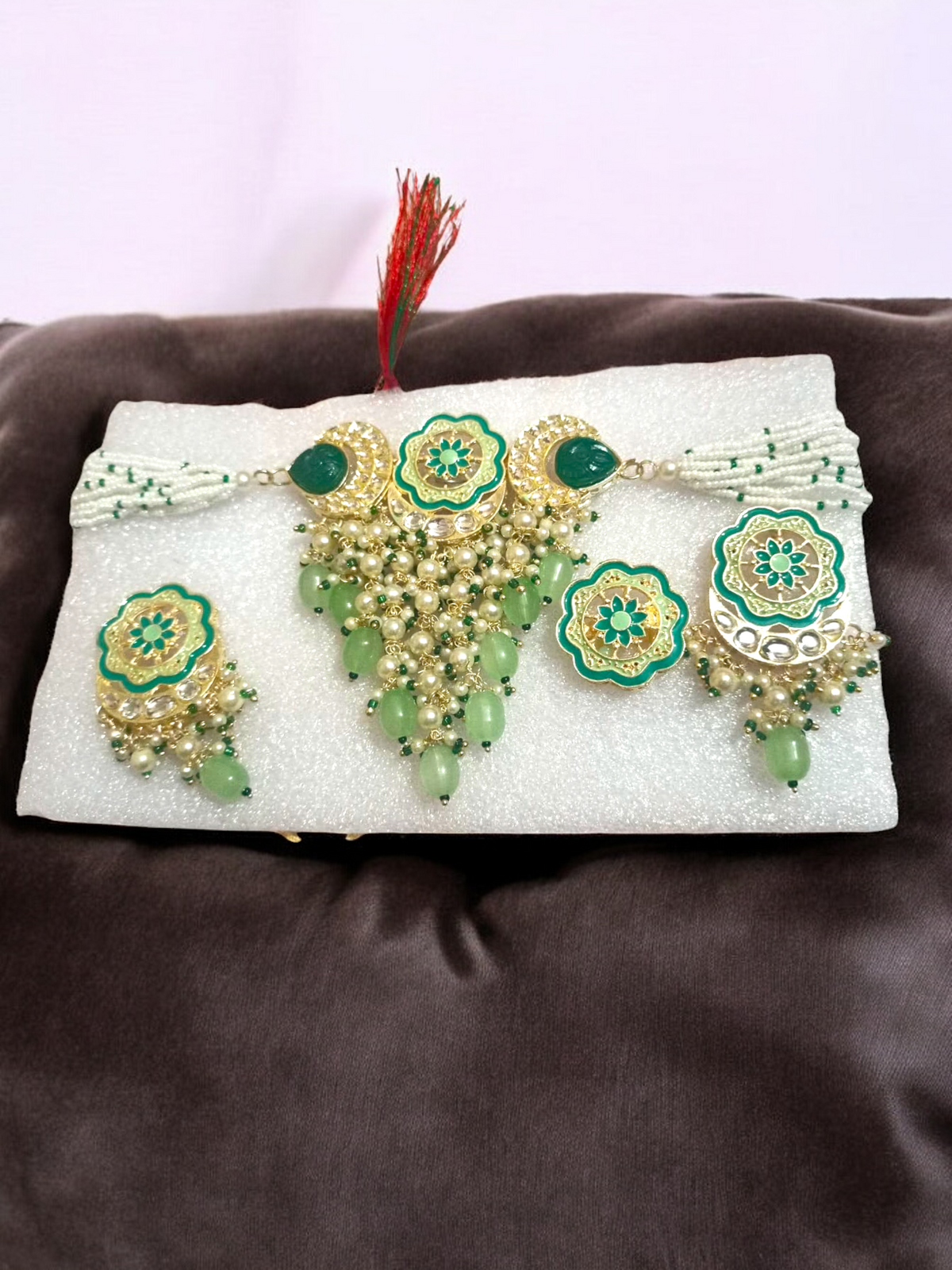 Green Meenakari Pearl Bridal Necklace Earring Ring Set, jaipuri jewellery, long necklace earring set, Indian jewellery