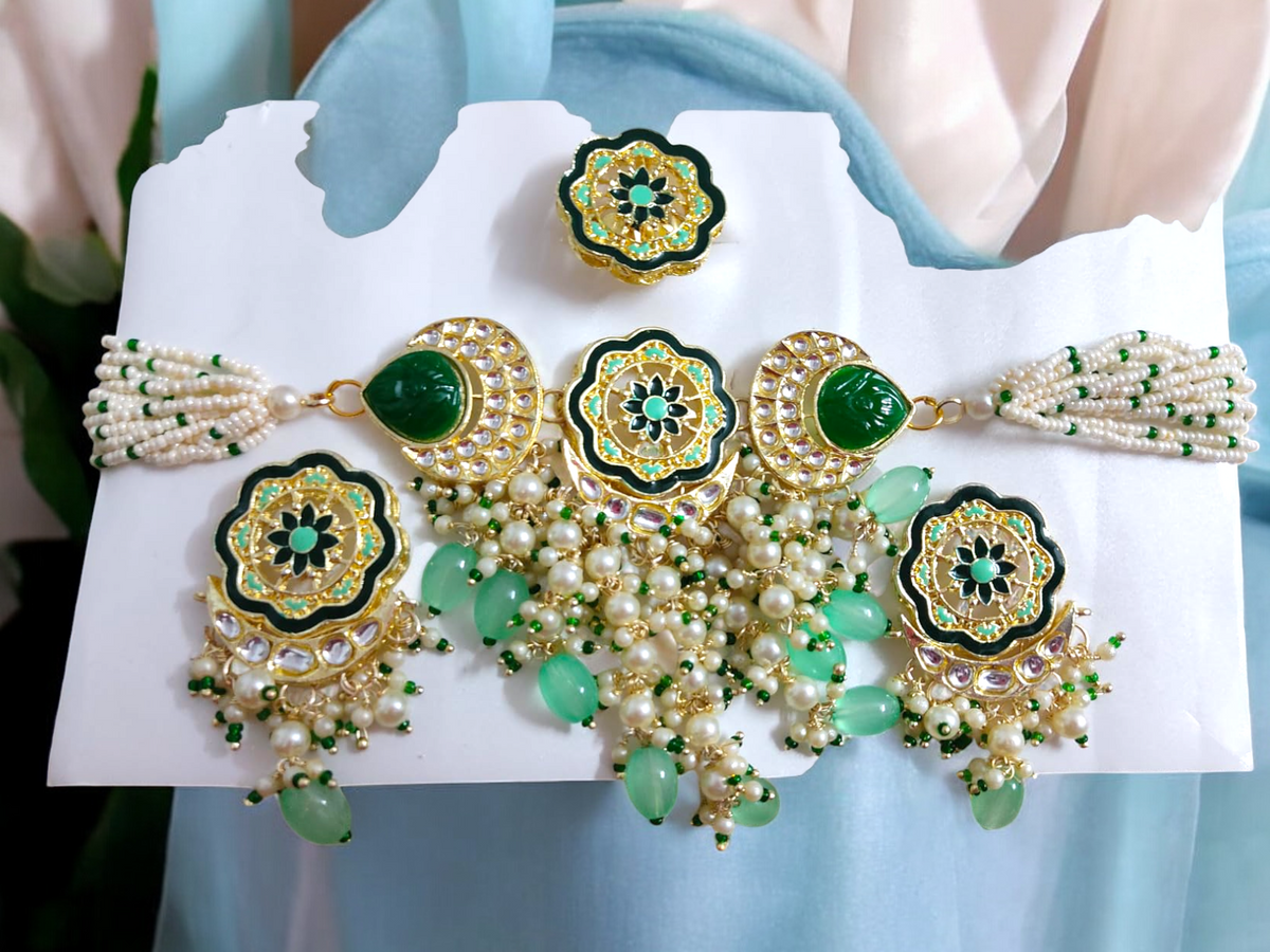 Green Meenakari Pearl Bridal Necklace Earring Ring Set, jaipuri jewellery, long necklace earring set, Indian jewellery