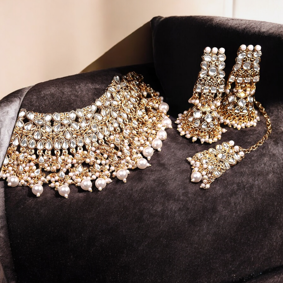 Gold Tone Kundan Pearls Bridal Choker Necklace Set, Choker Set, Wedding Choker Earring Set, Bridal Necklace Earring Set, Wedding Jewelry