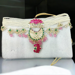 Pink Lotus Pearls Necklace Earring Ring Set, Meenakari Jewelry Set, Lotus Neckalce Earring, bridal Necklace, Wedding Earring