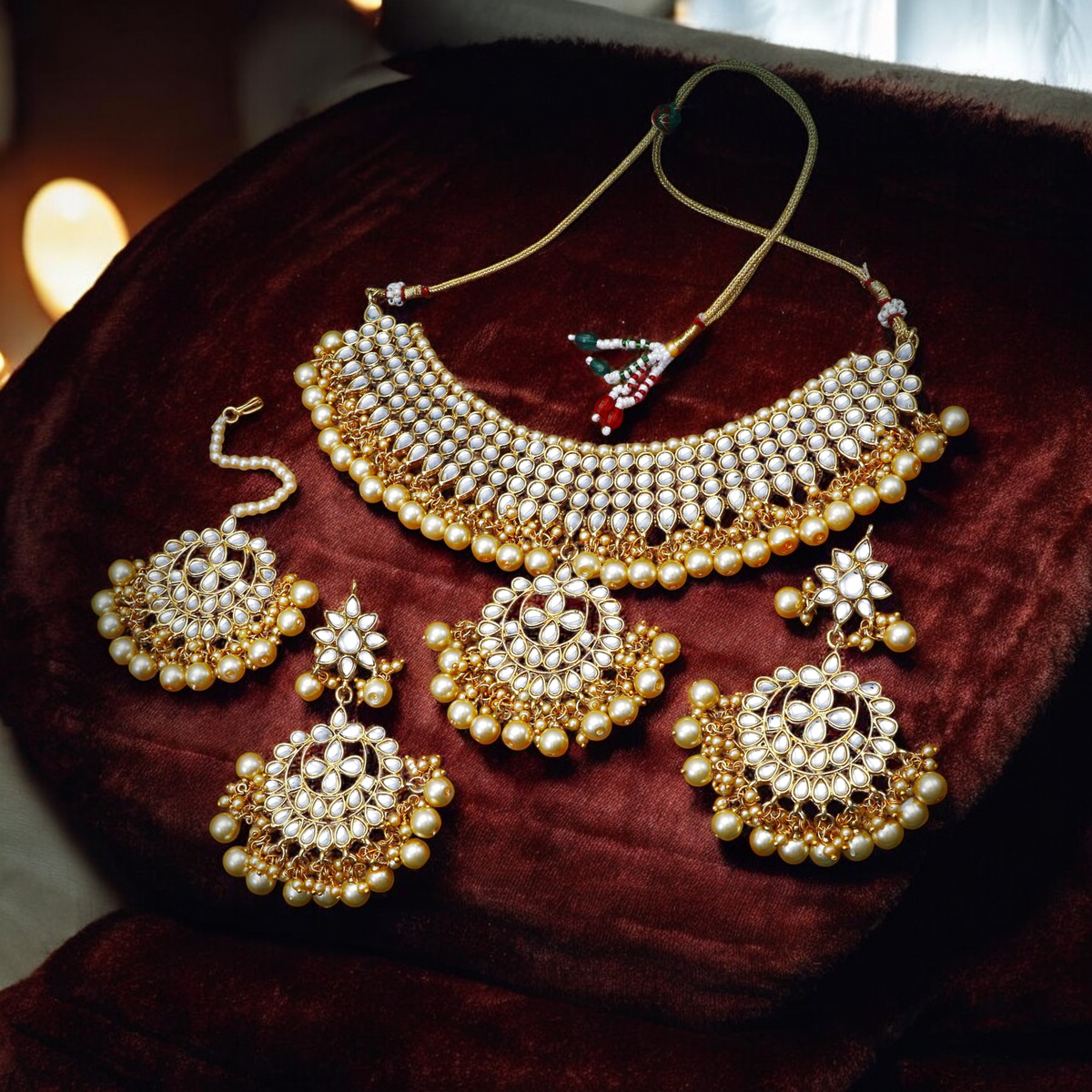 Bridal Pearl Kundan Necklace Chandbali Mangtika Set, kundan jewelry set, antique gold kundan choker, wedding kundan gold plated jewelry