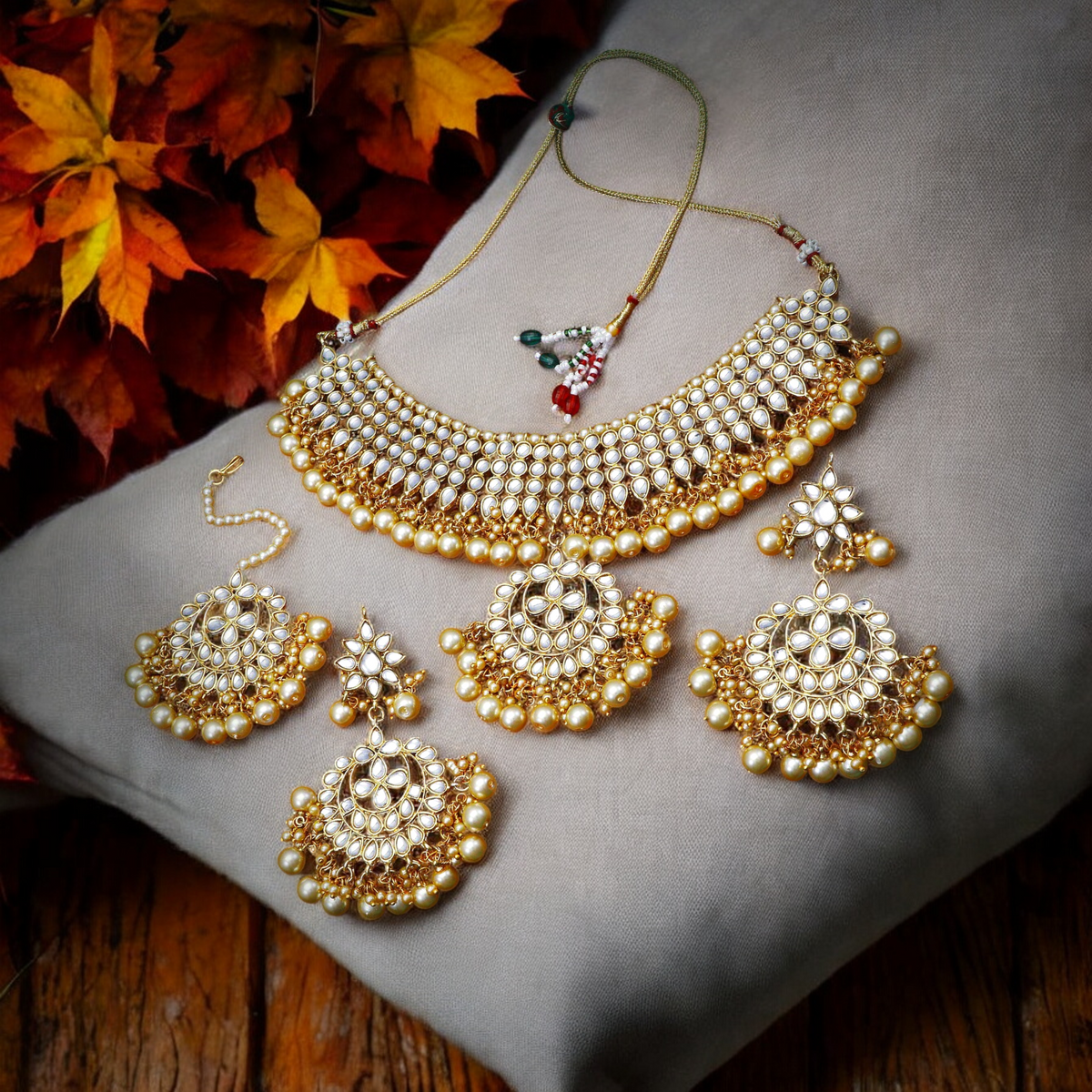 Bridal Pearl Kundan Necklace Chandbali Mangtika Set, kundan jewelry set, antique gold kundan choker, wedding kundan gold plated jewelry