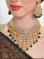 Green Gold Plated Necklace Kundan Jewellery Set, Pearl Necklace Chandbali set, Mangtika Set, Bridal Wedding Jewelry
