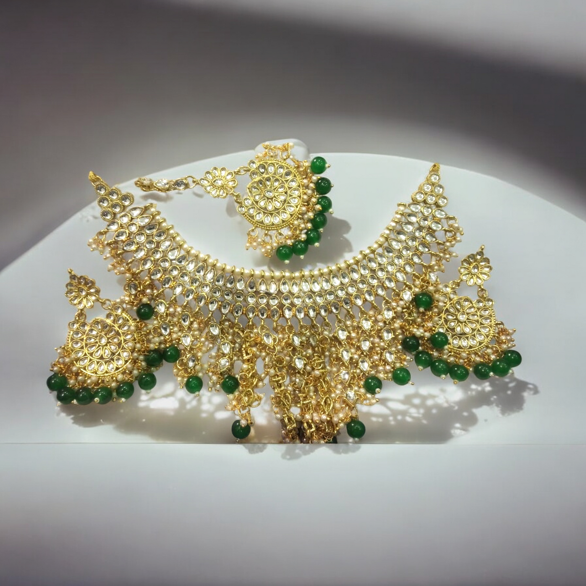 Green Gold Plated Necklace Kundan Jewellery Set, Pearl Necklace Chandbali set, Mangtika Set, Bridal Wedding Jewelry