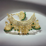 Green Gold Plated Necklace Kundan Jewellery Set, Pearl Necklace Chandbali set, Mangtika Set, Bridal Wedding Jewelry