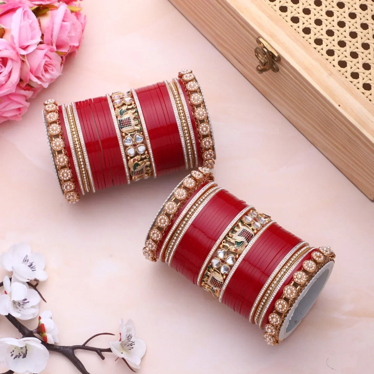 Bridal Chura with Pastel Colours & Kundan Elephant Kada | Punjabi Wedding Bangles Set | Indian Bridal Jewelry