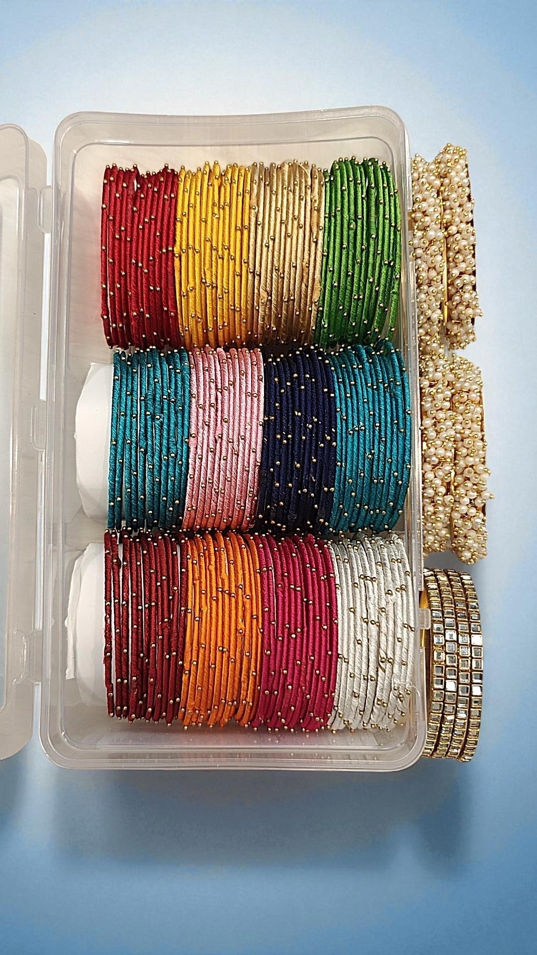 Traditional Kundan & Lariya Moti Kada Combo Box Thread Bangles Set