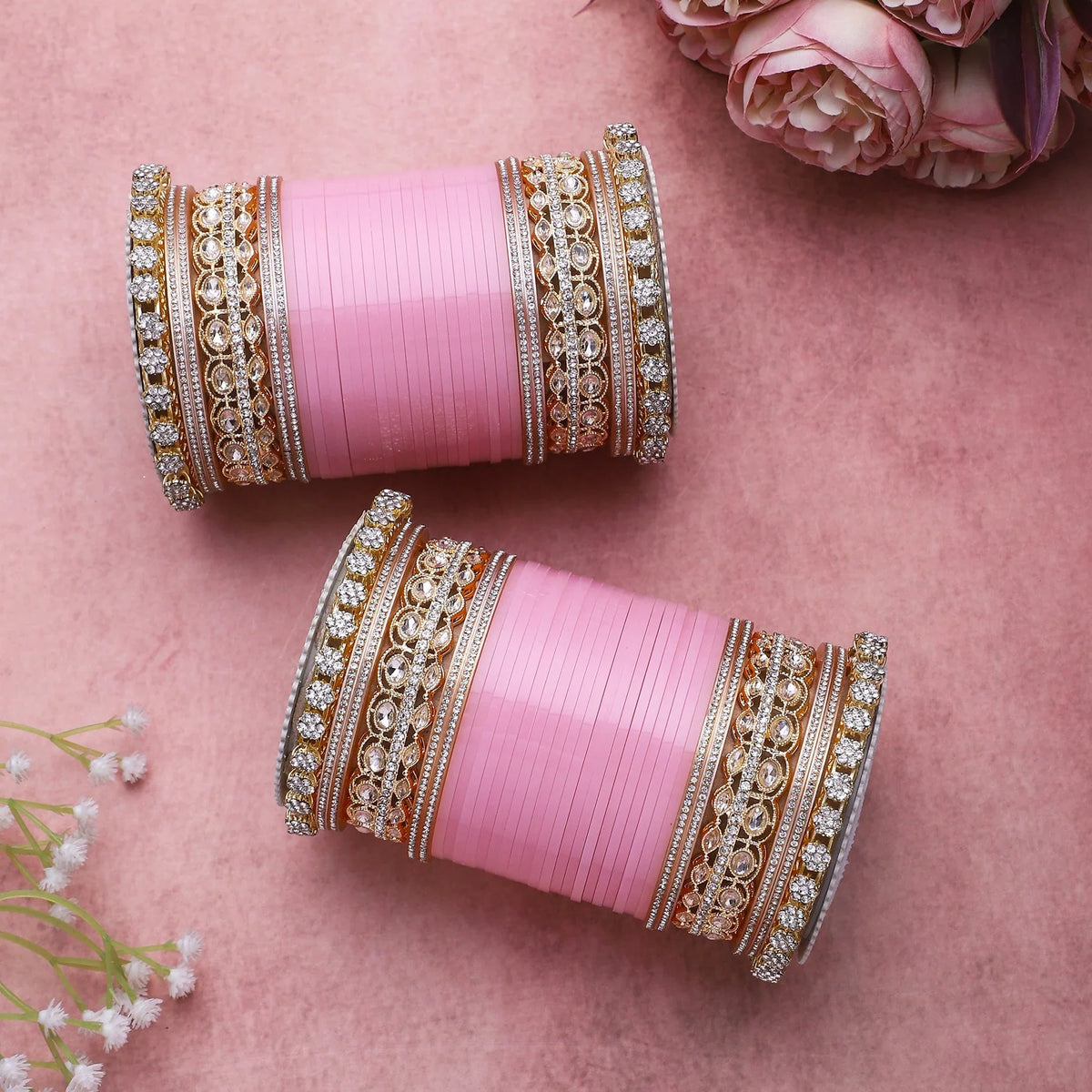 Bridal Chura with Rich Colours & Stone Pacheli Kada | Traditional Punjabi Wedding Bangles Set