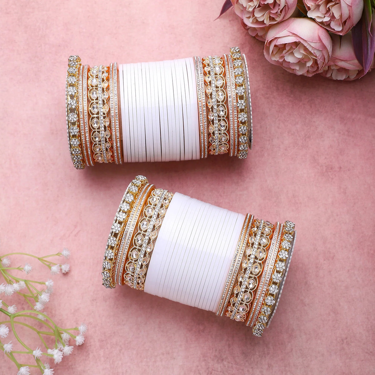 Bridal Chura with Rich Colours & Stone Pacheli Kada | Traditional Punjabi Wedding Bangles Set