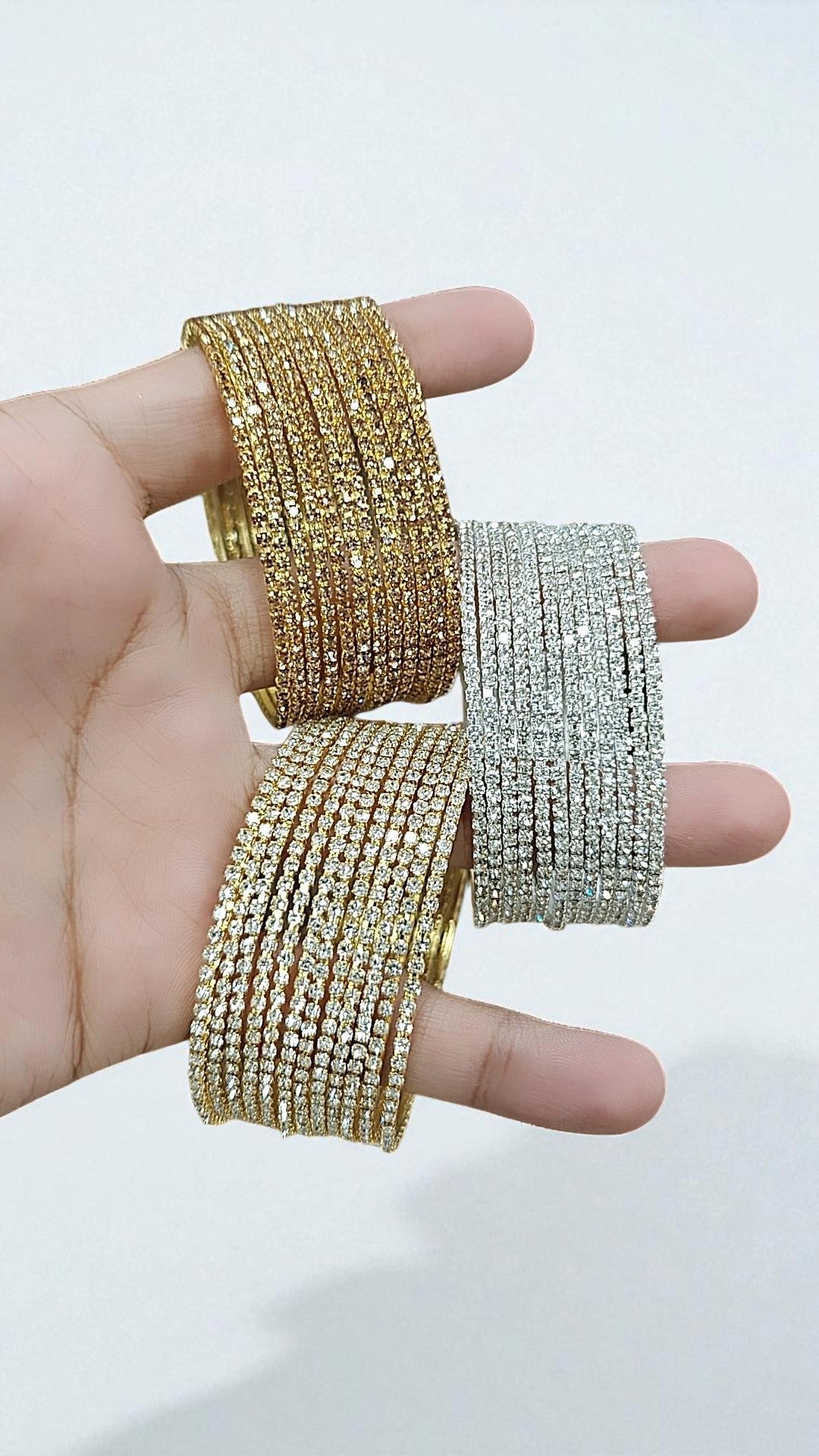 Premium Sparkling Multi-Row Diamond Cut Stone Bangles Gold & Silver Finish