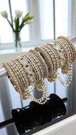 Star Kundan Stone Jhumki Bangles Set Bridal Chura with Hanging Pearls & Golden Finish