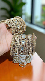 Star Kundan Stone Jhumki Bangles Set Bridal Chura with Hanging Pearls & Golden Finish