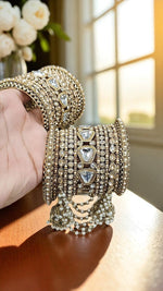 Star Kundan Stone Jhumki Bangles Set Bridal Chura with Hanging Pearls & Golden Finish