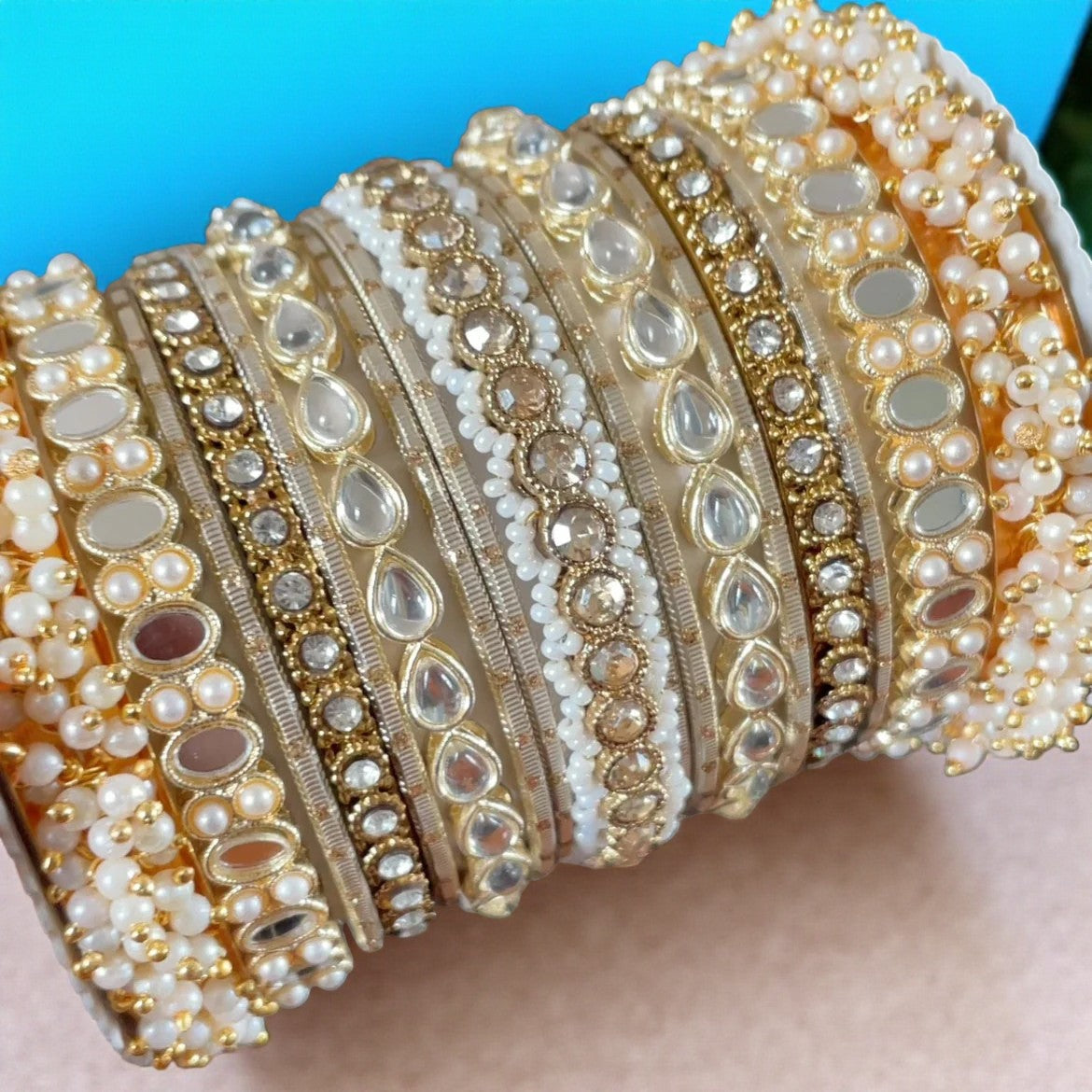 Bridal Stone Bangle Set with Gajra & Mirror Kada – Golden Wedding Jewelry