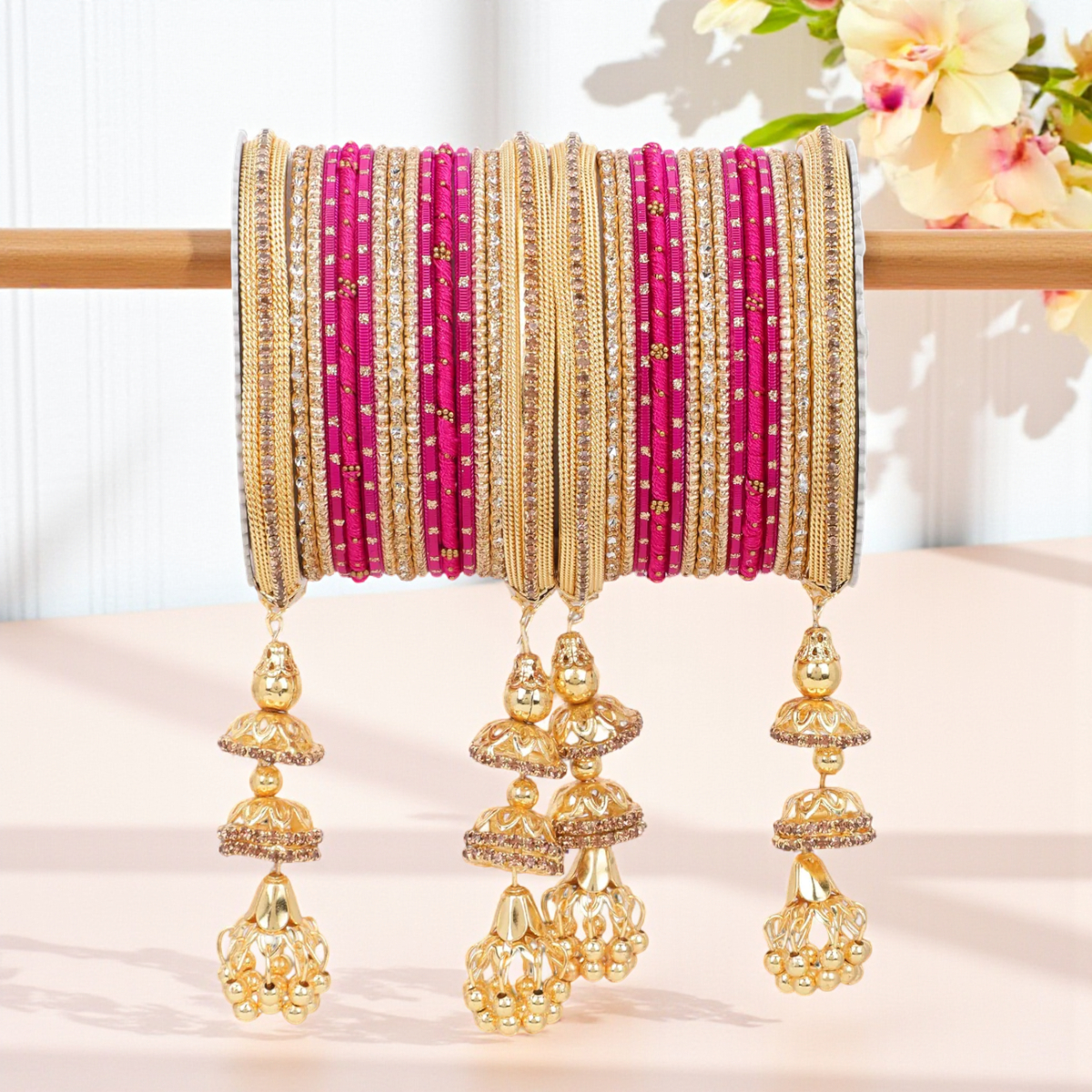 Traditional Jhumki Bangle Set with Golden Dotted Bangles | Ethnic Bridal Jewelry