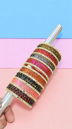 Full Set Bridal Bangles 2 Hand Glass Gold Drop Bangles with 10-Piece Metal Kundan Bangles Combo