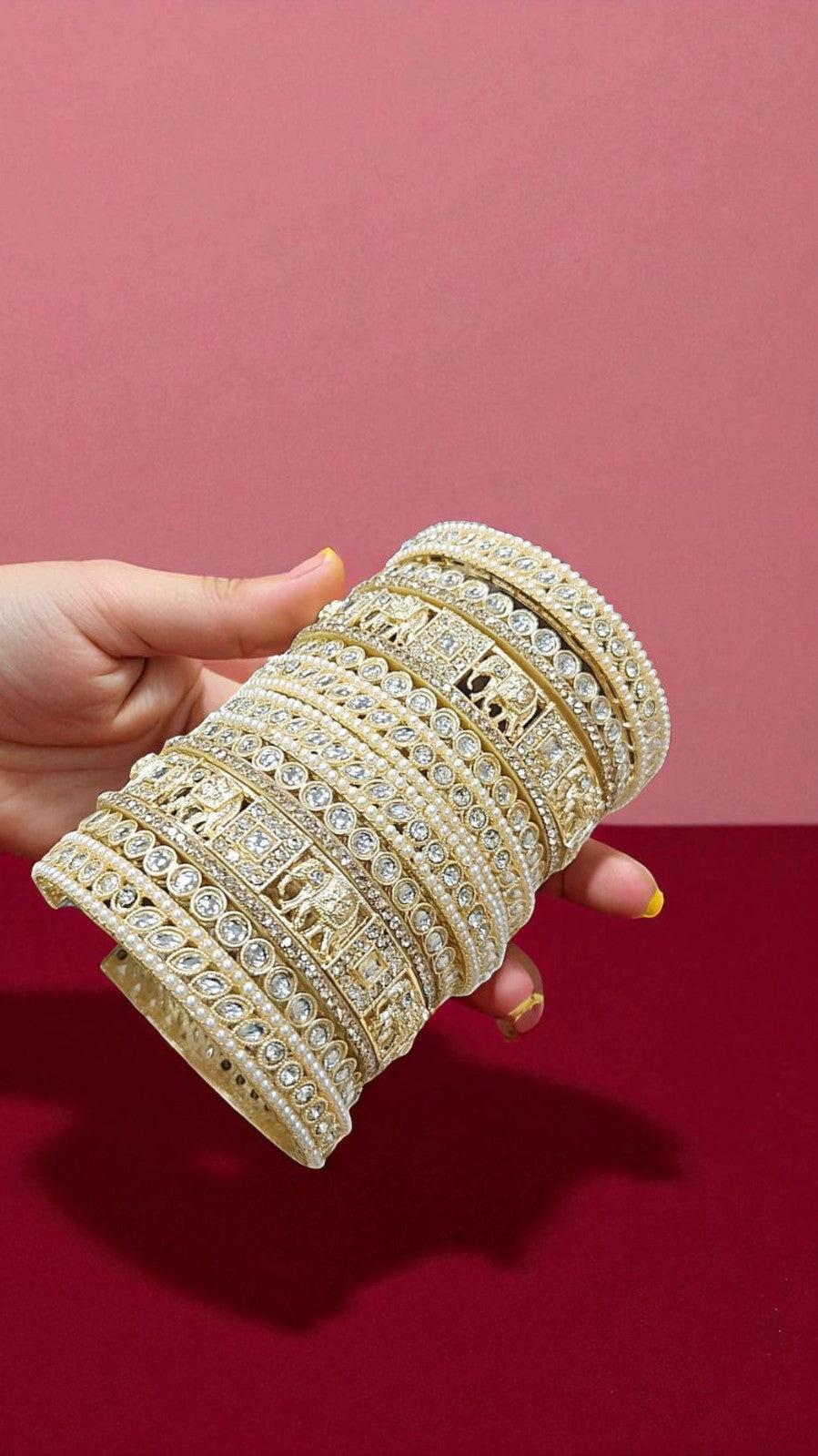Golden Elephant Motif Kundan Bangles Set with Pearl & Stone Detailing Bridal Charm Collection