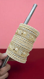 Golden Elephant Motif Kundan Bangles Set with Pearl & Stone Detailing Bridal Charm Collection