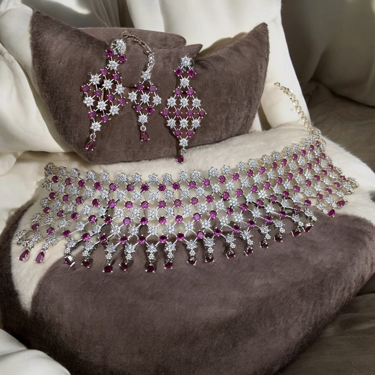 American Diamond Premuim Choker Earrings Mangtika Set, Indian AD Necklace Set, Earrings CZ Set, Bridal Jewelry set, Mangtika Set, AD Maangtika Set