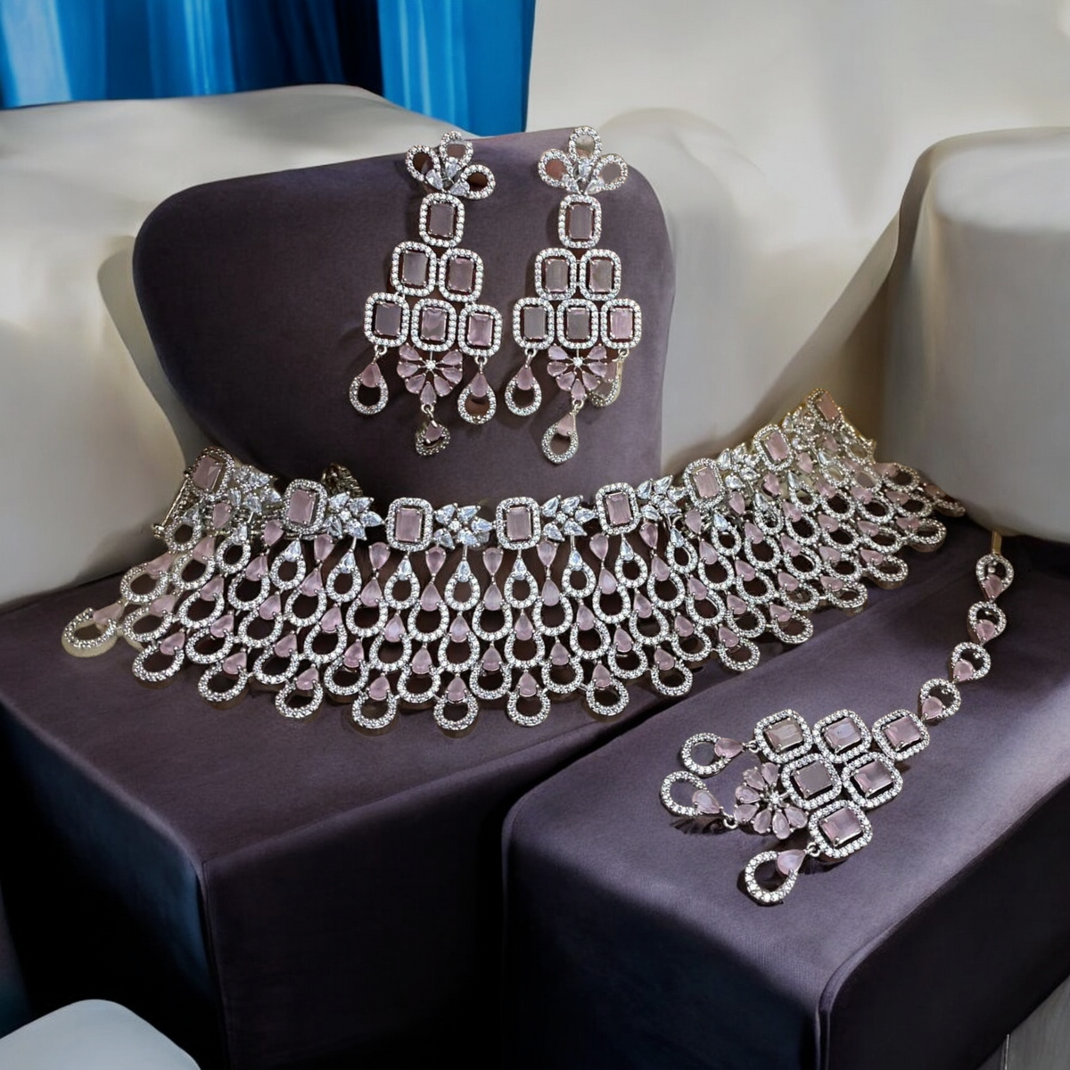 Wedding Choker Earrings Maang Tika AD Jewellery Set, AD Maangtika With Choker, Necklace Earrings Set, AD Earrings