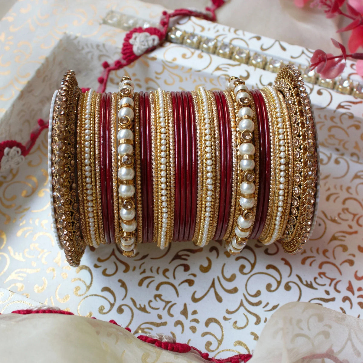 Traditional Bridal Bangle Set with Heavy Chakri Kada & Ghungroo Bangles – 33 Pieces Each Hand