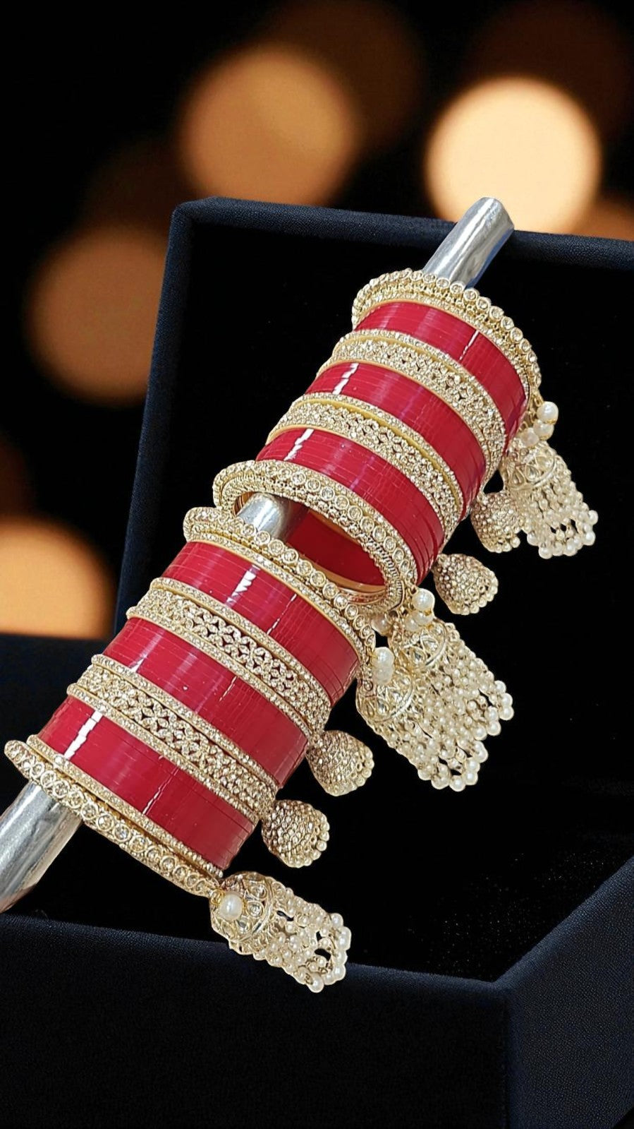 Red Bridal Chuda Set with Gold Kundan Detailing & Pearl Kaleere Traditional Punjabi Wedding Bangles