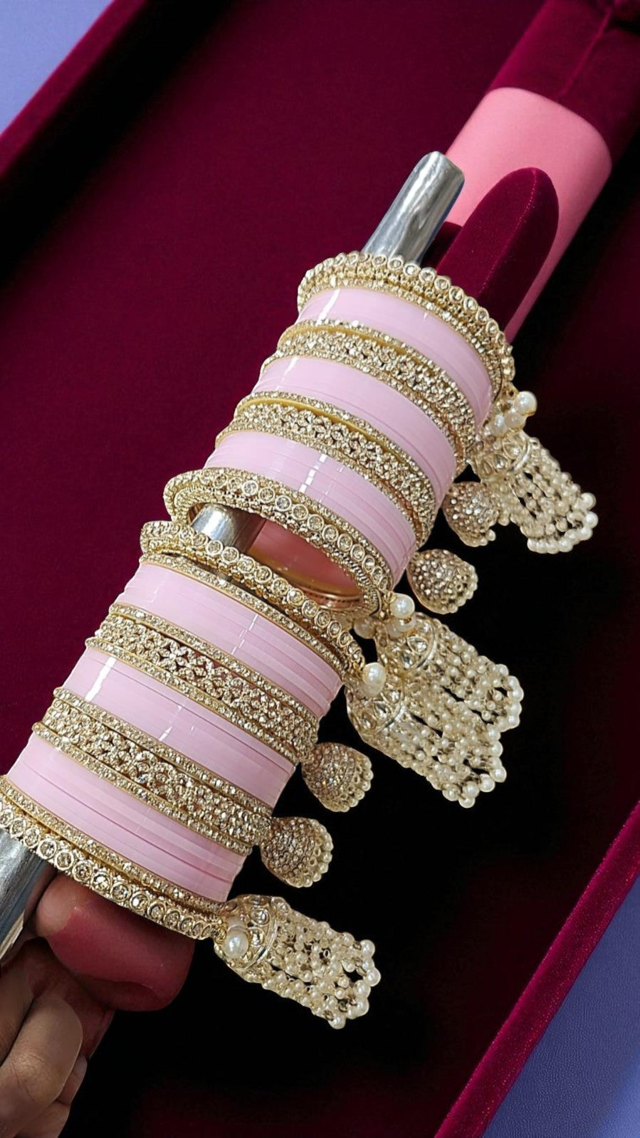 Red Bridal Chuda Set with Gold Kundan Detailing & Pearl Kaleere Traditional Punjabi Wedding Bangles
