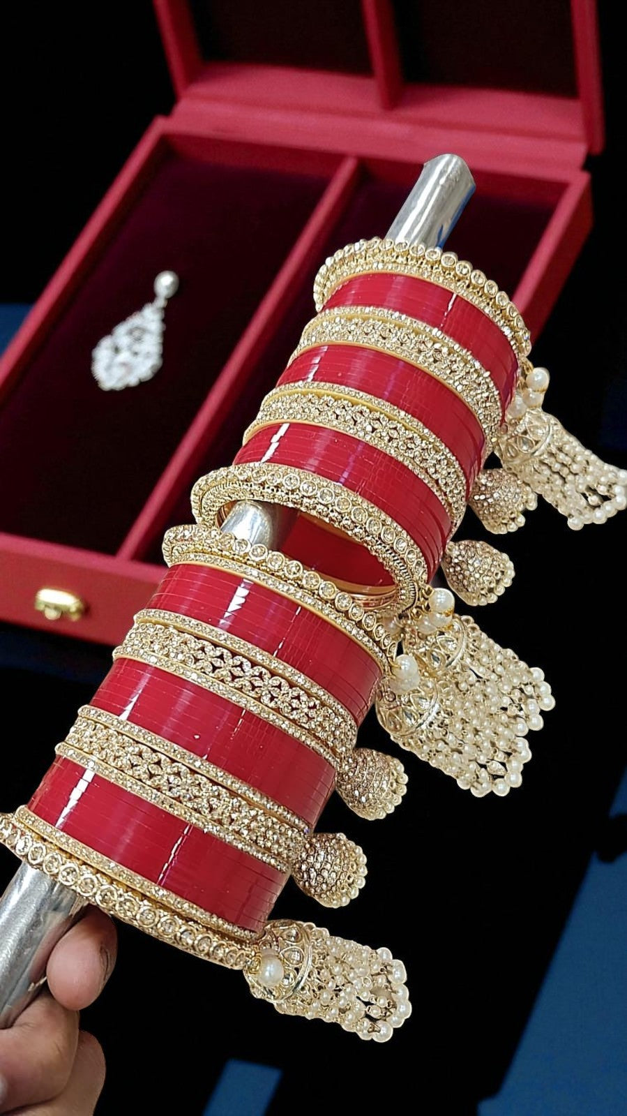 Red Bridal Chuda Set with Gold Kundan Detailing & Pearl Kaleere Traditional Punjabi Wedding Bangles
