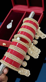 Red Bridal Chuda Set with Gold Kundan Detailing & Pearl Kaleere Traditional Punjabi Wedding Bangles