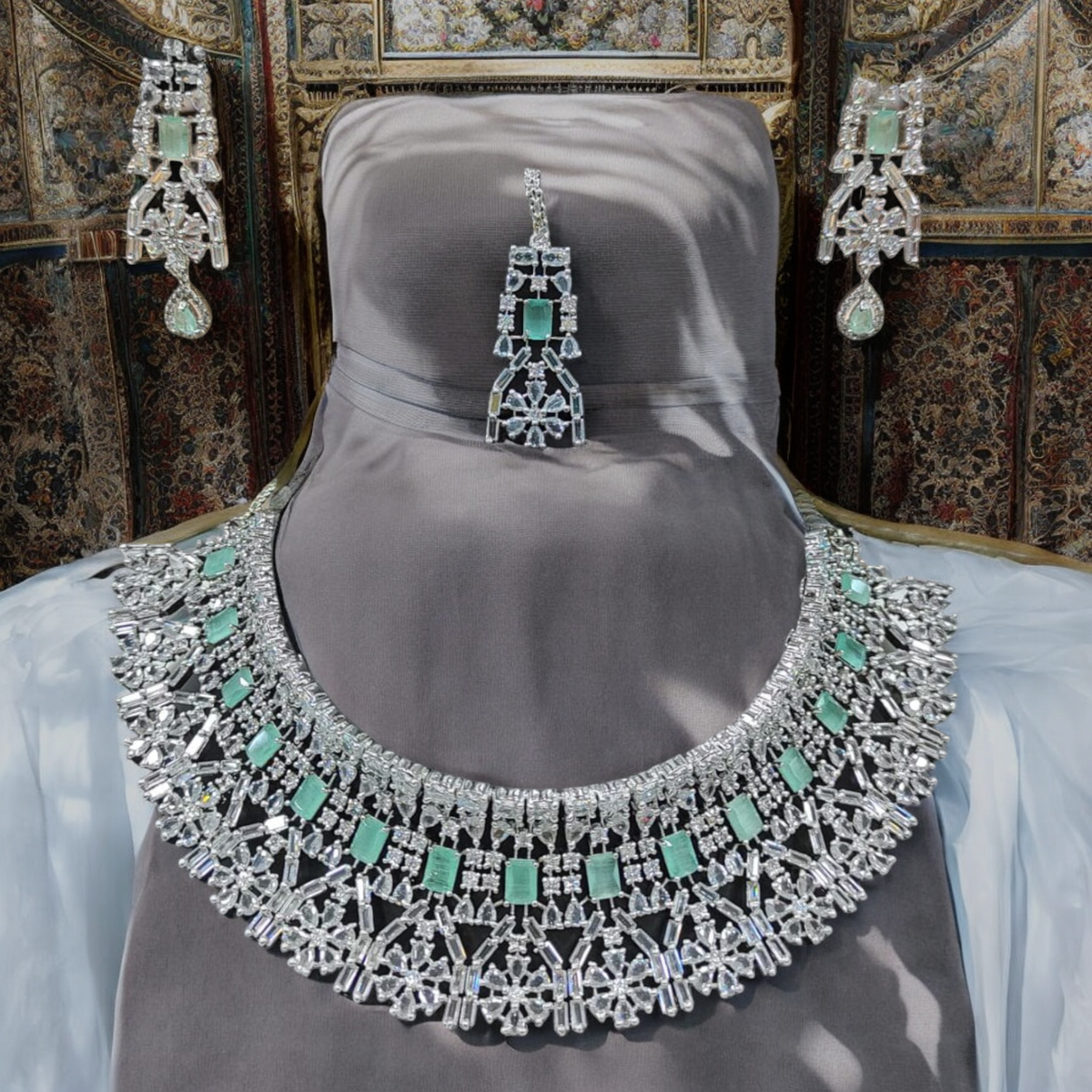 CZ Bollywood Inspired Necklace AD Earrings Set, AD Necklace Set, AD Jewelry Set, AD Choker Set, Indian Wedding AD Jewelry Set