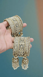 Kundan Pearl Beaded Mirror Bangle Set, Indian Wedding Jewelry, Kundan Jewelry