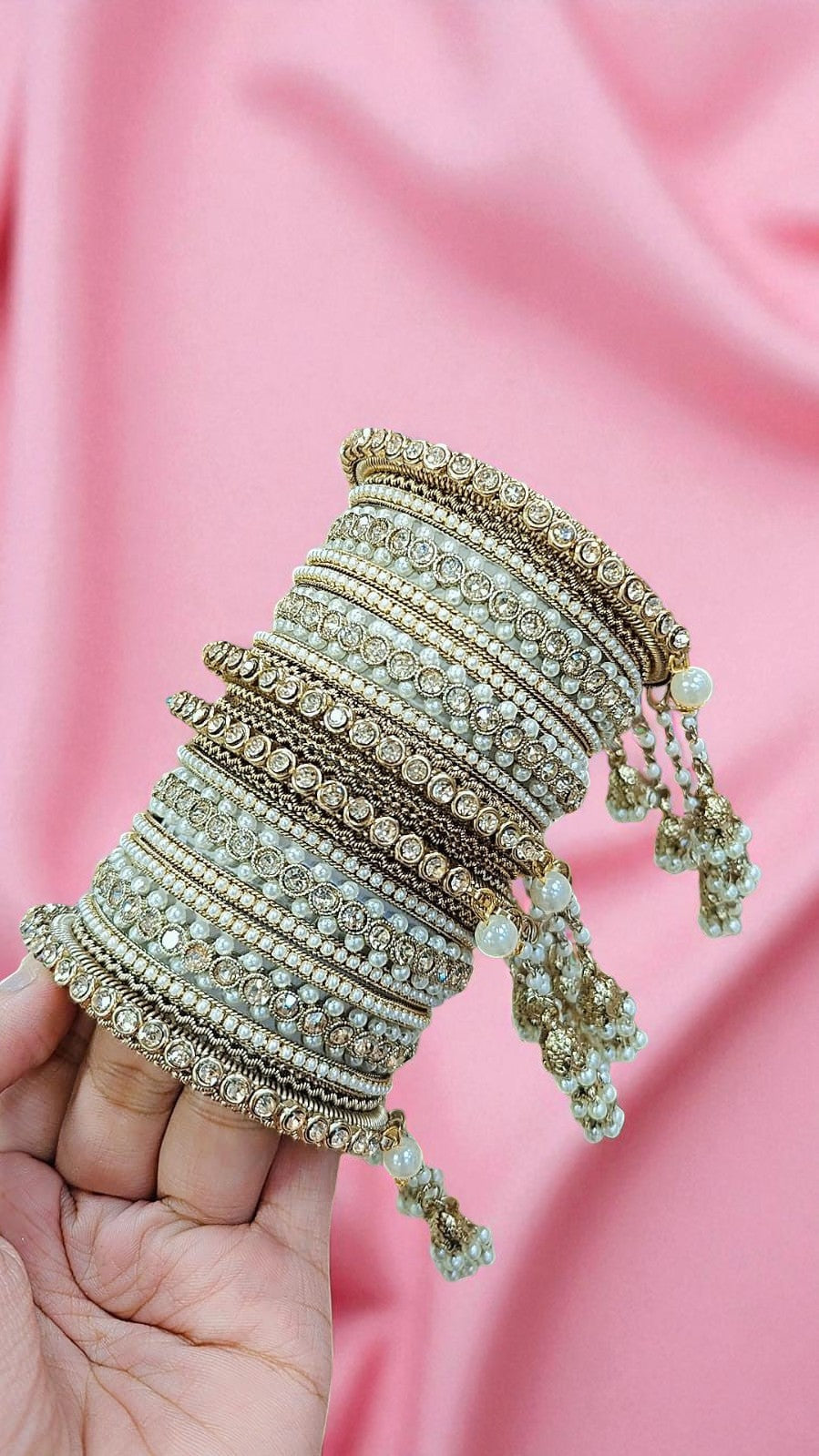 Traditional Gold Plated Kundan & Pearl Bridal Bangles with Hanging Jhumki Wedding Jewelry Set