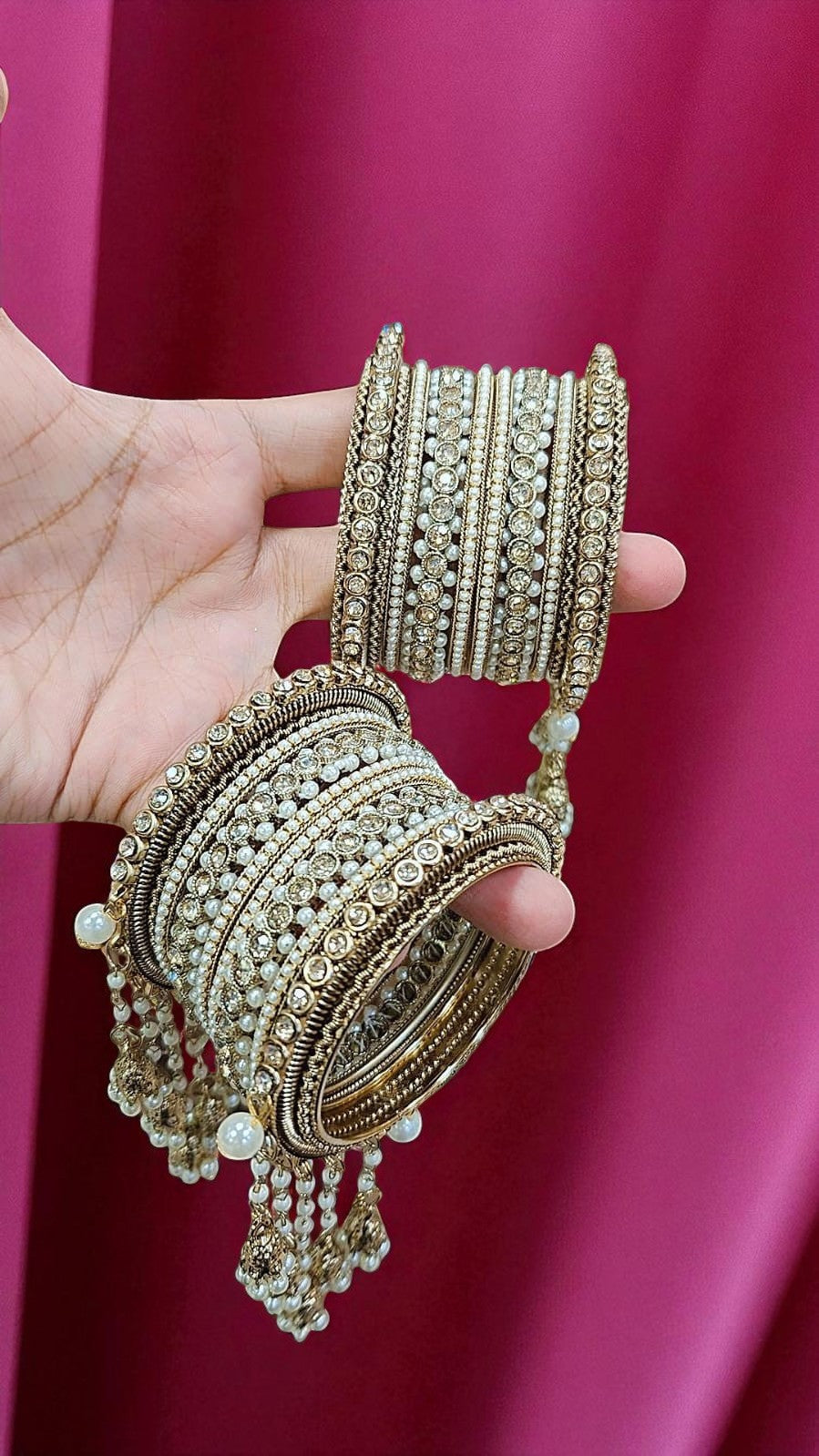 Traditional Gold Plated Kundan & Pearl Bridal Bangles with Hanging Jhumki Wedding Jewelry Set