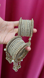 Traditional Gold Plated Kundan & Pearl Bridal Bangles with Hanging Jhumki Wedding Jewelry Set
