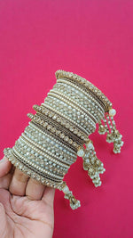 Traditional Gold Plated Kundan & Pearl Bridal Bangles with Hanging Jhumki Wedding Jewelry Set