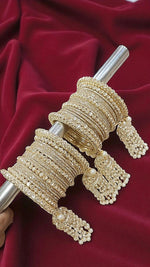 Gold Plated Kundan Bridal Chooda with Pearl Jhumki Hangings – Traditional Wedding Bangle Set