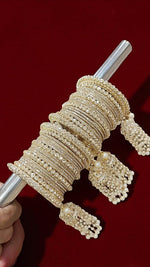 Gold Plated Kundan Bridal Chooda with Pearl Jhumki Hangings – Traditional Wedding Bangle Set